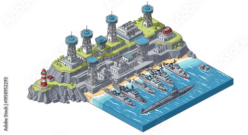 Isometric 3D illustration of a military base with towers, harbor, and warships on a blue platform against a white background