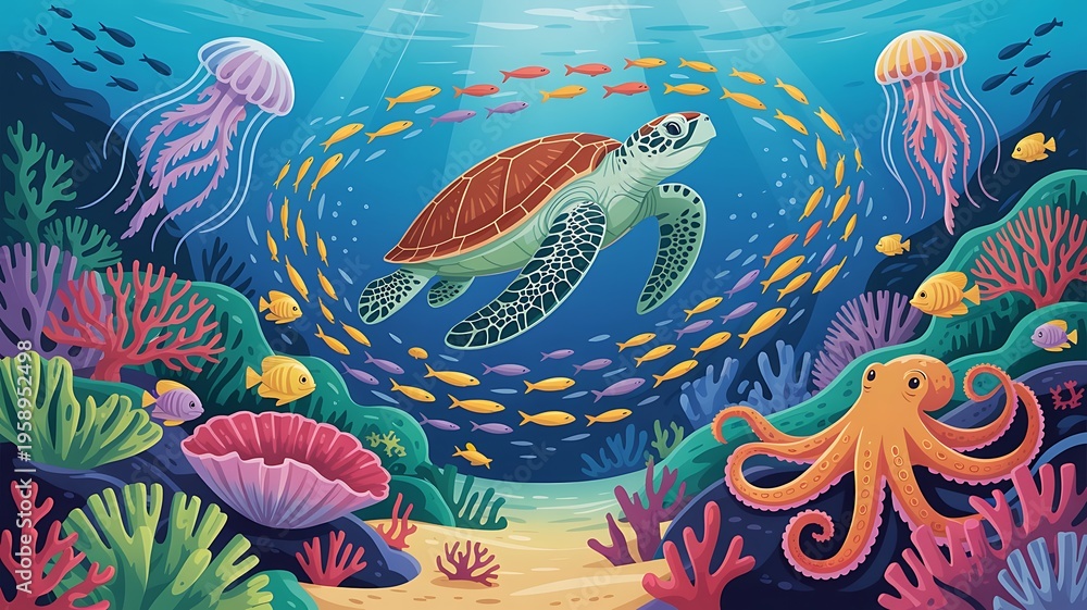 Obraz premium Whimsical underwater scene with a sea turtle jellyfish octopus and colorful coral reef