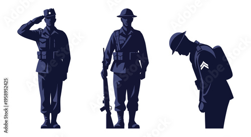 Illustration of three anzac soldier silhouettes in various poses, including saluting, standing with a rifle, and paying respects, against a clean white background for remembrance day