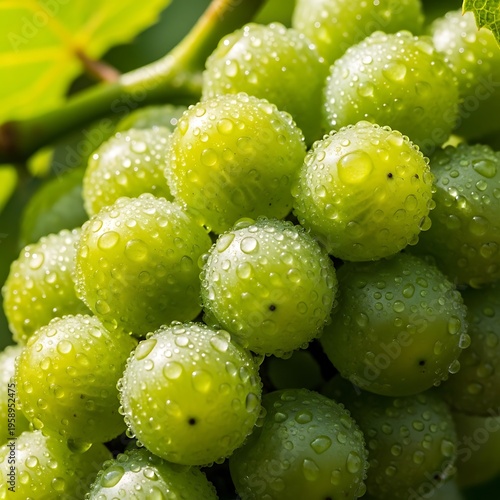 Close up of fresh green grapes covered in water droplets on a vine