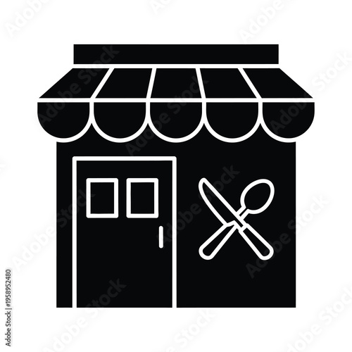 Black and white icon of a restaurant or cafe front with crossed cutlery icon
