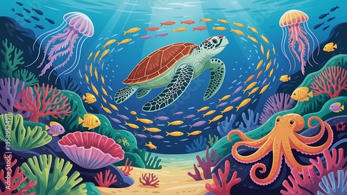 Whimsical underwater scene with a sea turtle jellyfish octopus and colorful coral reef