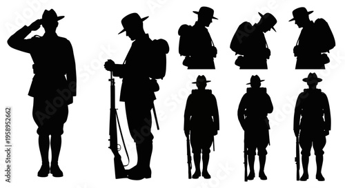 Set of black silhouettes of anzac soldiers in various poses, including saluting and carrying gear, against a clean white background for remembrance day tributes and fallen soldier memorials.
