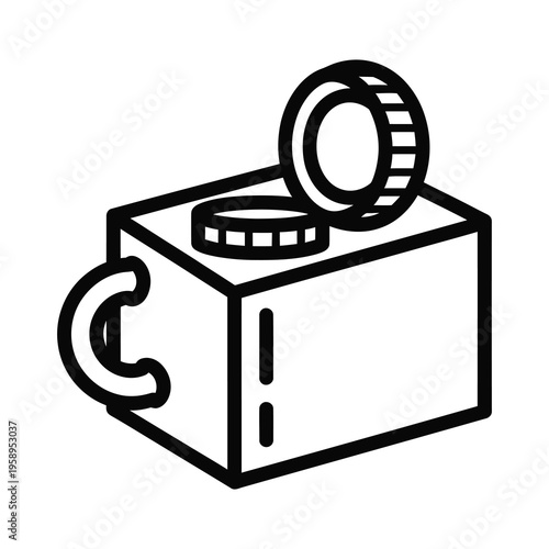 Black and white illustration of a piggy bank with coins on top icon