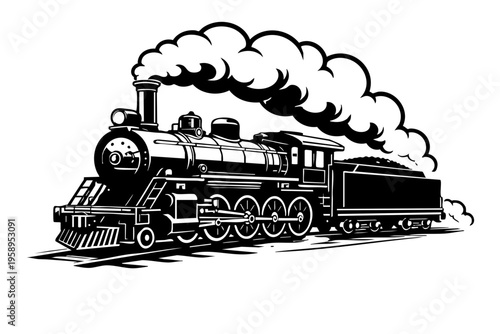 Steam locomotive in motion with simplified steam cloud shapes emerging from the smokestack