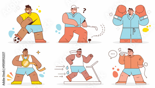 Cartoon man exercising with dumbbells.