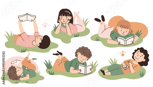 Foto Children lying on grass reading books.