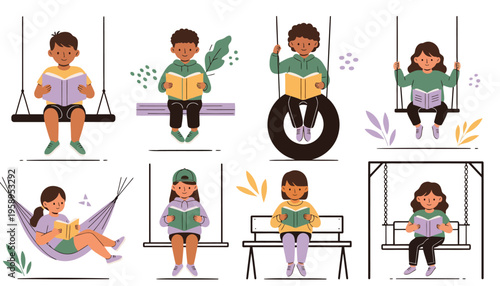 Children playing on various swings outdoor.