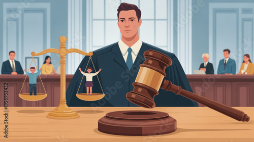 Judge presiding over a courtroom with scales of justice and gavel symbolizing law and order in a legal proceeding