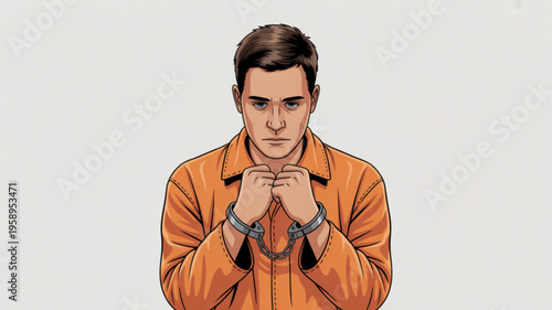 Caucasian male prisoner in orange jumpsuit with handcuffs on wrists looking down feeling sad or anxious