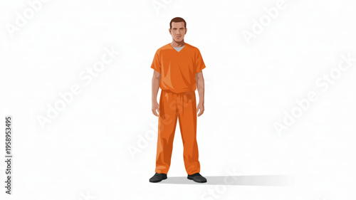 Man wearing orange prison uniform standing alone in isolation on white background with shadow