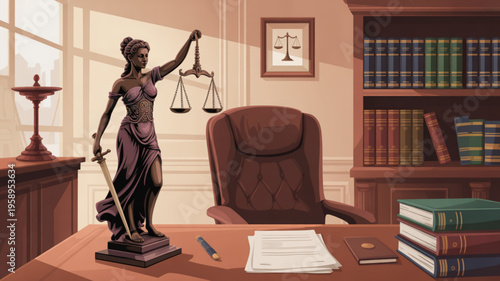 Justice statue on a desk in a lawyer's office with books and documents