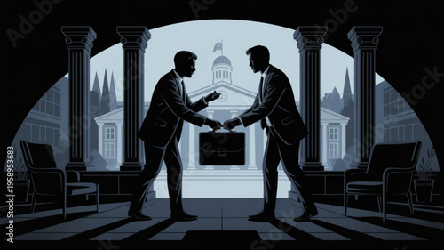 Two businessmen exchanging documents in a government building lobby at night
