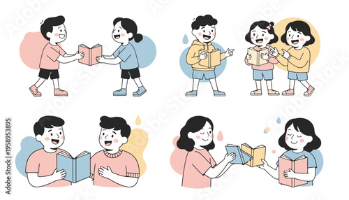 People exchanging gifts and smiling.