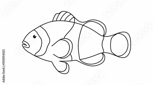 Black and white line art illustration of a clownfish swimming, simple cartoon style drawing of a marine animal.