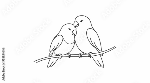 Simple line art illustration of two adorable lovebirds perched together on a branch, depicting companionship and affection.