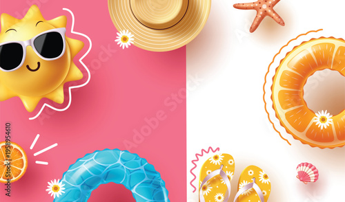 Summer Vacation Concept Banner with Sun Character and Beach Accessories Vector Illustration
