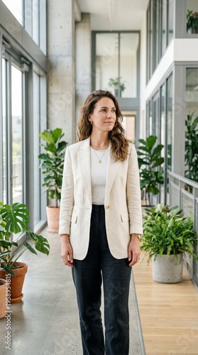 Confident Female Executive in Cream Linen Blazer and Black Trousers Standing in a Modern Bright Office Hallway with Green Potted Plants