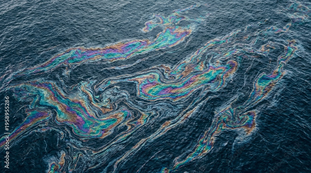Fototapeta premium Aerial View of Iridescent Oil Spill Slick Contaminating Blue Ocean Water Surface in Gulf of Mexico Environmental Disaster
