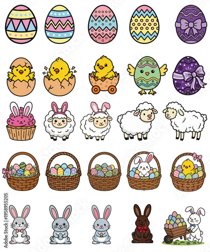 Easter Cartoon Vector Set – Adorable Bunnies, Baby Chicks, Lambs, Easter Baskets & Decorated Eggs Clipart