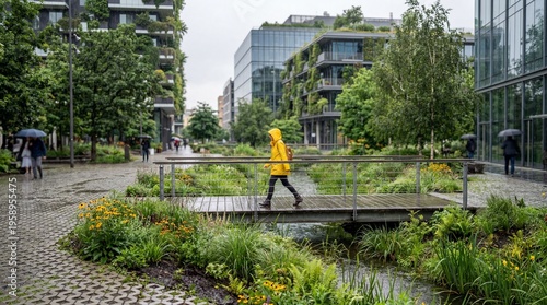Person in Yellow Raincoat Walking Across Bridge in Sustainable Green City District with Rain Gardens and Permeable Paving