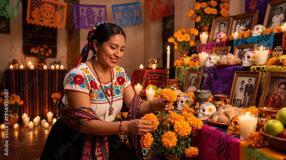 Obraz premium Smiling Mexican Woman Arranging Marigold Flowers on Traditional Dia de los Muertos Altar with Skulls and Pan de Muerto