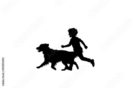 Child and Dog Silhouette in Play: A silhouette captures a child and dog in playful motion, with dynamic interaction, and heartwarming scene of innocent fun.