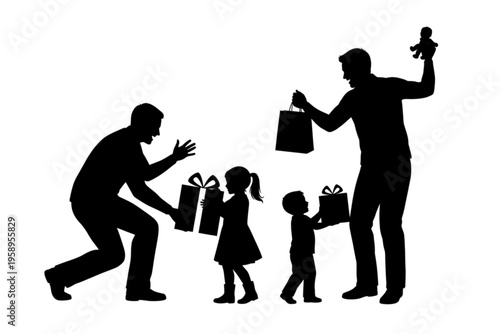 Joyful Silhouette of Gifting: A heartwarming scene unfolds as a parent showers their children with delightful presents, embracing the spirit of sharing and the simple joy of giving. 