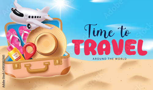 Time to Travel Around the World Summer Vacation Background with Suitcase and Airplane Vector