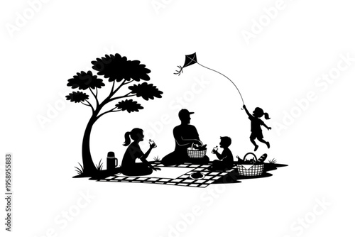 Family Picnic Silhouette: Capturing the essence of a serene family picnic in a park on a sunny day, with a joyful child flying a kite, under the shade of a tree.