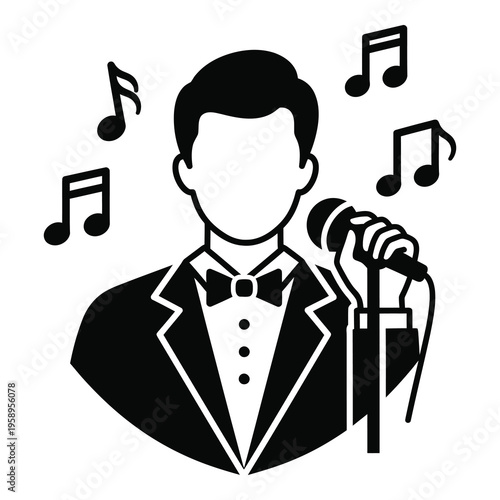 Man in tuxedo singing into microphone with musical notes around him icon