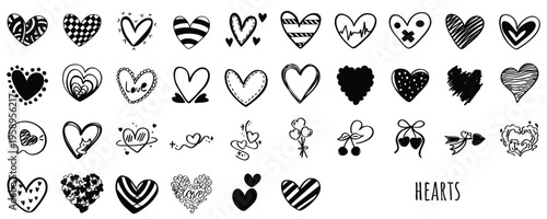 Hand drawn heart doodle vector set. Black and white line art of love symbols, hearts with wings, arrows, and expressions for romantic designs.