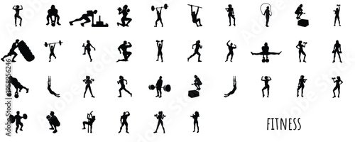 A versatile collection of  fitness in black and white line art. Features various icons of people exercising, lifting weights, running, yoga equipment, stopwatches, and scale.