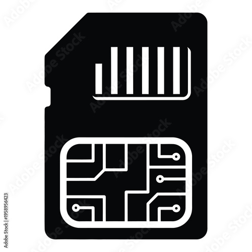 Sim card icon with circuit board design and bar graph on white background icon