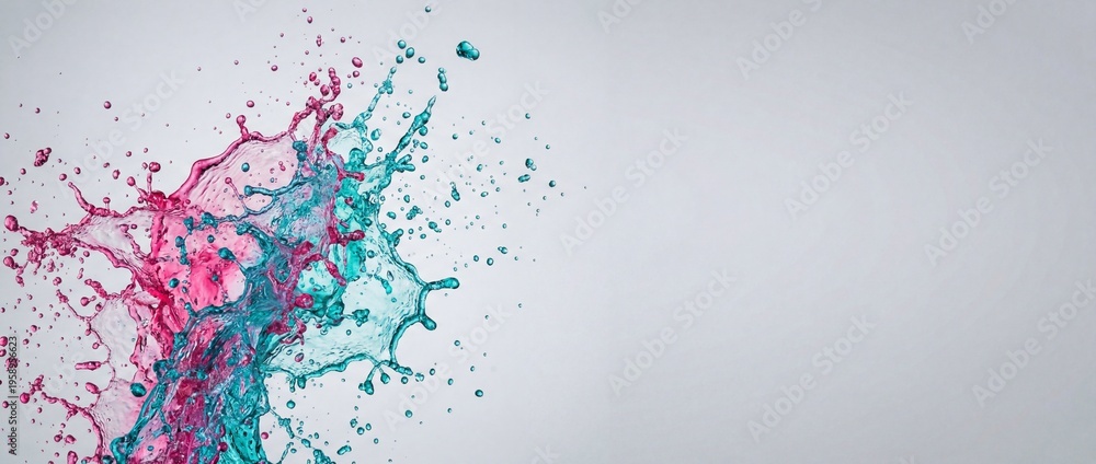Naklejka premium Pink and Cyan Water Splashes Colliding on Plain Gray Background with Copyspace for Holi Festival Design