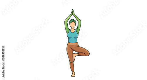 Woman practicing yoga tree pose on white background.
