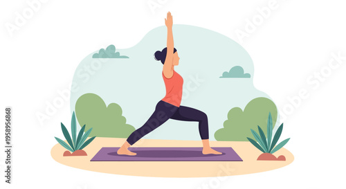 Woman practicing yoga warrior pose outdoors on mat.