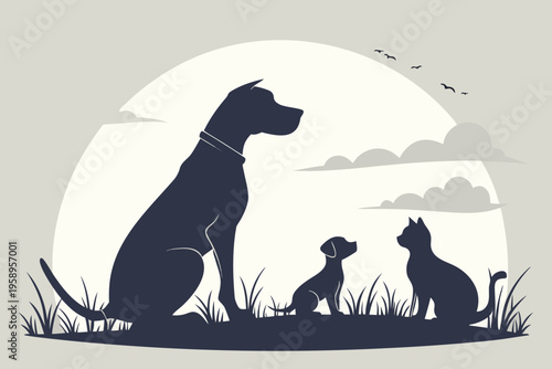 Dog puppy and cat silhouettes sitting together in grassy field with sun and clouds