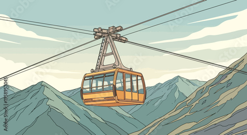 Yellow cable car suspended over mountains on a clear day.