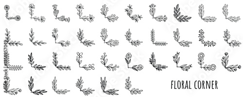 Hand drawn floral corner and botanical border vector set. Black and white line art of flowers, leaves, and branches for elegant decorative corners and page frames.