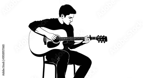 Young Man Playing Acoustic Guitar Sitting on a Chair.