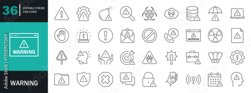 Warning icon set. Containing alert, caution, danger, error, hazard, notification, attention sign, exclamation mark, stop, notice, and more. Editable line icons. Vector illustration.