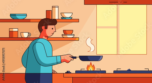 Young man cooking food in a pan on a stove in the kitchen.