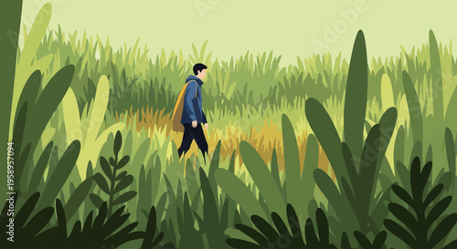 Young person walking through tall green grass and plants.