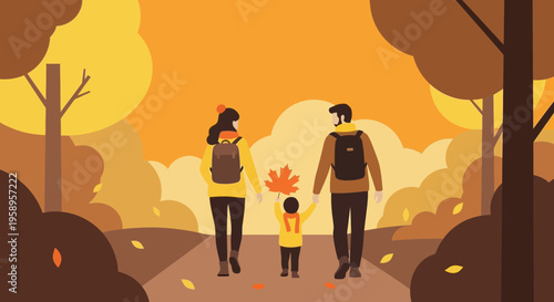 Family Autumn Walk: Parents and Child Enjoying Fall Foliage in a Park