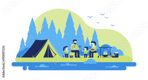 Family camping trip in nature, enjoying outdoor activities and campfire