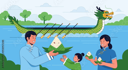 Family Celebrates Dragon Boat Festival with Zongzi and Dragon Boat Racing