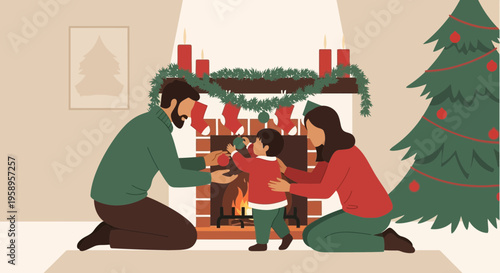 Family celebrating Christmas by fireplace and Christmas tree, parents helping child walk