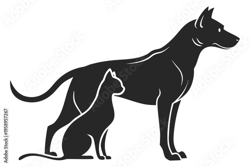 Elegant black silhouette of cat sitting next to a dog, pet companionship and harmony, domestic animal bond