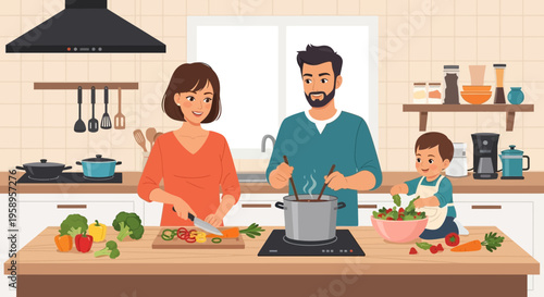 Family Cooking Healthy Food Together in a Modern Kitchen